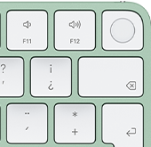 Magic Keyboard, esquina superior derecha, color verde, Touch ID , tecla de borrar y teclas de función de volumen