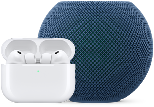 AirPods Pro en un estuche de carga abierto, color blanco, y un HomePod mini, color azul