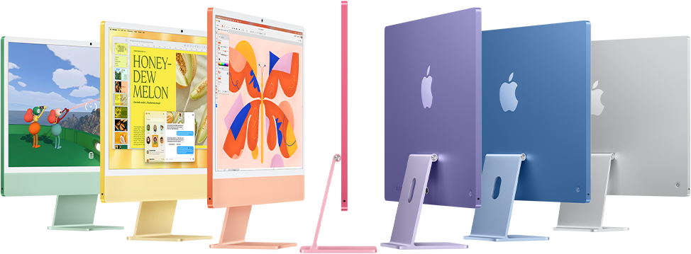 Siete modelos de iMac en verde, amarillo, naranja, rosa, morado, azul y color plata organizados como un acordeón