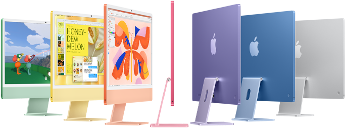 Siete modelos de iMac en verde, amarillo, naranja, rosa, morado, azul y color plata organizados como un acordeón