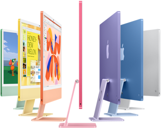 Siete modelos de iMac en verde, amarillo, naranja, rosa, morado, azul y color plata organizados como un acordeón