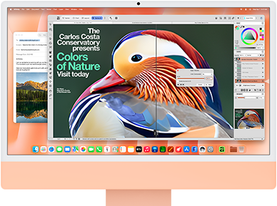 iMac, parte frontal, color naranja, muestra una app de edición de imágenes con herramientas de IA y la app Mail al fondo
