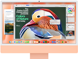iMac, parte frontal, color naranja, muestra una app de edición de imágenes con herramientas de IA y la app Mail al fondo