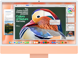 iMac, parte frontal, color naranja, muestra una app de edición de imágenes con herramientas de IA y la app Mail al fondo