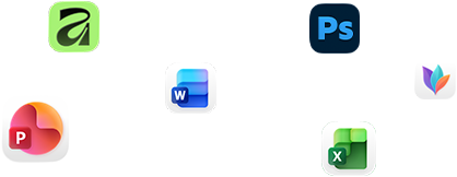 Varios íconos de apps flotando en la pantalla, como Microsoft Word, Adobe Photoshop, Canva y Figma