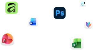 Varios íconos de apps flotando en la pantalla, como Microsoft Word, Adobe Photoshop, Canva y Figma
