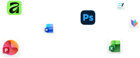 Varios íconos de apps flotando en la pantalla, como Microsoft Word, Adobe Photoshop, Canva y Figma