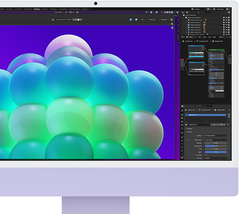 iMac, parte frontal, color morado, muestra una estructura de burbujas coloridas en una app de edición de imágenes