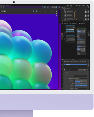 iMac, parte frontal, color morado, muestra una estructura de burbujas coloridas en una app de edición de imágenes