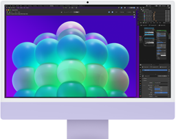iMac, parte frontal, color morado, muestra una estructura de burbujas coloridas en una app de edición de imágenes
