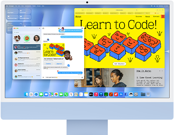 iMac, parte frontal, color azul, muestra la app Mensajes y el sitio web 'Learn to Code'