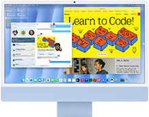 iMac, parte frontal, color azul, muestra la app Mensajes y el sitio web 'Learn to Code'