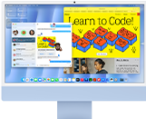 iMac, parte frontal, color azul, muestra la app Mensajes y el sitio web 'Learn to Code'
