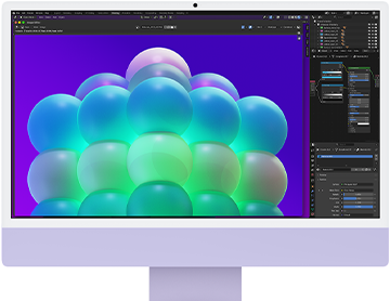 iMac, parte frontal, color morado, muestra una estructura de burbujas coloridas en una app de edición de imágenes
