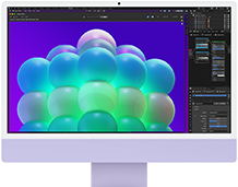 iMac, parte frontal, color morado, muestra una estructura de burbujas coloridas en una app de edición de imágenes