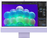 iMac, parte frontal, color morado, muestra una estructura de burbujas coloridas en una app de edición de imágenes
