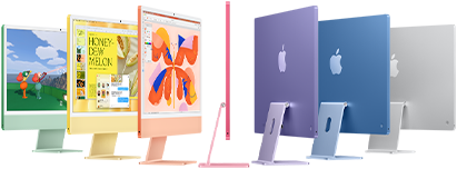 Siete modelos de iMac en verde, amarillo, naranja, rosa, morado, azul y color plata, dispuestos en forma de acordeón