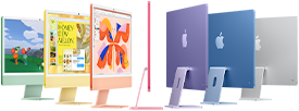 Siete modelos de iMac en verde, amarillo, naranja, rosa, morado, azul y color plata, dispuestos en forma de acordeón