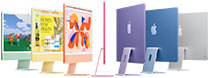 Siete modelos de iMac en verde, amarillo, naranja, rosa, morado, azul y color plata, dispuestos en forma de acordeón