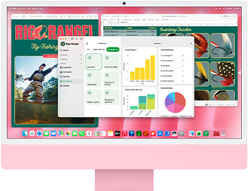 iMac, parte frontal, color rosa, la pantalla muestra varias apps abiertas