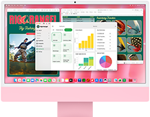 iMac, parte frontal, color rosa, la pantalla muestra varias apps abiertas