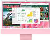 iMac, parte frontal, color rosa, la pantalla muestra varias apps abiertas
