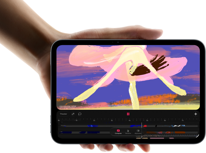 iPad mini, en la mano de una persona, vista frontal, muestra una interfaz de edición de video con clips coloridos, se menciona el chip A20 Pro a continuación