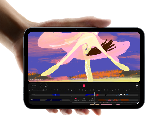 iPad mini, en la mano de una persona, vista frontal, muestra una interfaz de edición de video con clips coloridos, se menciona el chip A20 Pro a continuación