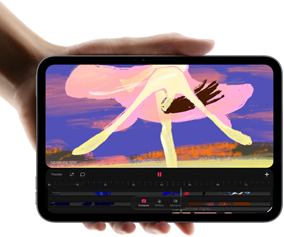 iPad mini, en la mano de una persona, vista frontal, muestra una interfaz de edición de video con clips coloridos, se menciona el chip A20 Pro a continuación