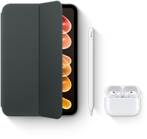 iPad&nbsp;mini con accesorios compatibles, como el Smart&nbsp;Folio para el iPad&nbsp;mini (A20&nbsp;Pro), el Apple&nbsp;Pencil USB-C y los AirPods&nbsp;Pro&nbsp;3