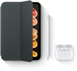 iPad&nbsp;mini con accesorios compatibles, como el Smart&nbsp;Folio para el iPad&nbsp;mini (A20&nbsp;Pro), el Apple&nbsp;Pencil USB-C y los AirPods&nbsp;Pro&nbsp;3