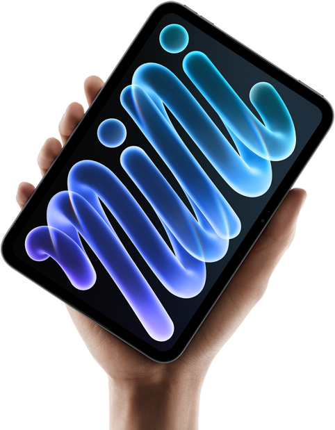 iPad mini, vista frontal, sostenido por una mano, estructura negra, la pantalla muestra formas abstractas azules y moradas