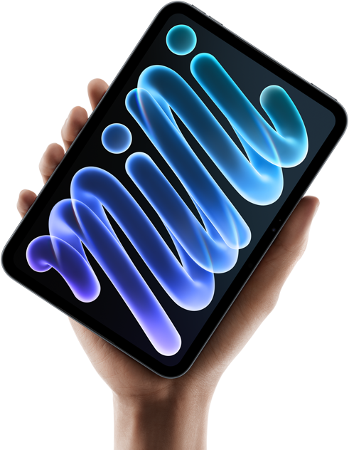 iPad mini, vista frontal, sostenido por una mano, estructura negra, la pantalla muestra formas abstractas azules y moradas