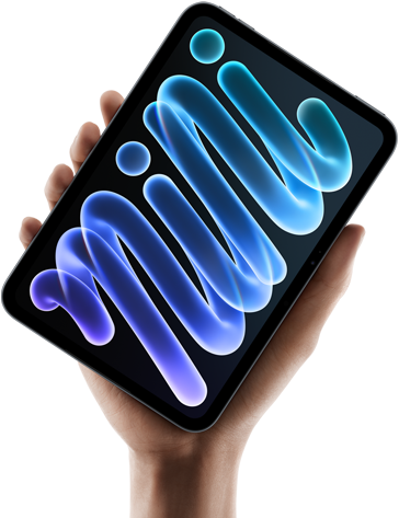 iPad mini, vista frontal, sostenido por una mano, estructura negra, la pantalla muestra formas abstractas azules y moradas