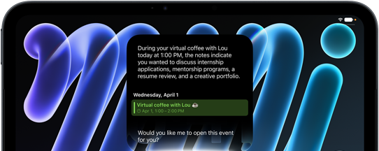 iPad mini, vista frontal, muestra una notificación sobre una próxima reunión usando la funcionalidad de Siri AI para resumir