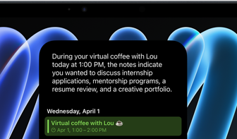 iPad mini, vista frontal, muestra una notificación sobre una próxima reunión usando la funcionalidad de Siri AI para resumir
