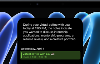 iPad mini, vista frontal, muestra una notificación sobre una próxima reunión usando la funcionalidad de Siri AI para resumir