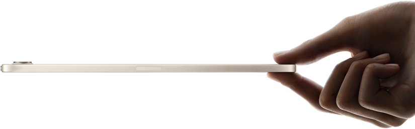 iPad mini, sostenido por una mano, vista lateral, diseño delgado y ligero