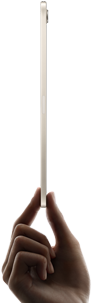 iPad mini, sostenido por una mano, vista lateral, diseño delgado y ligero