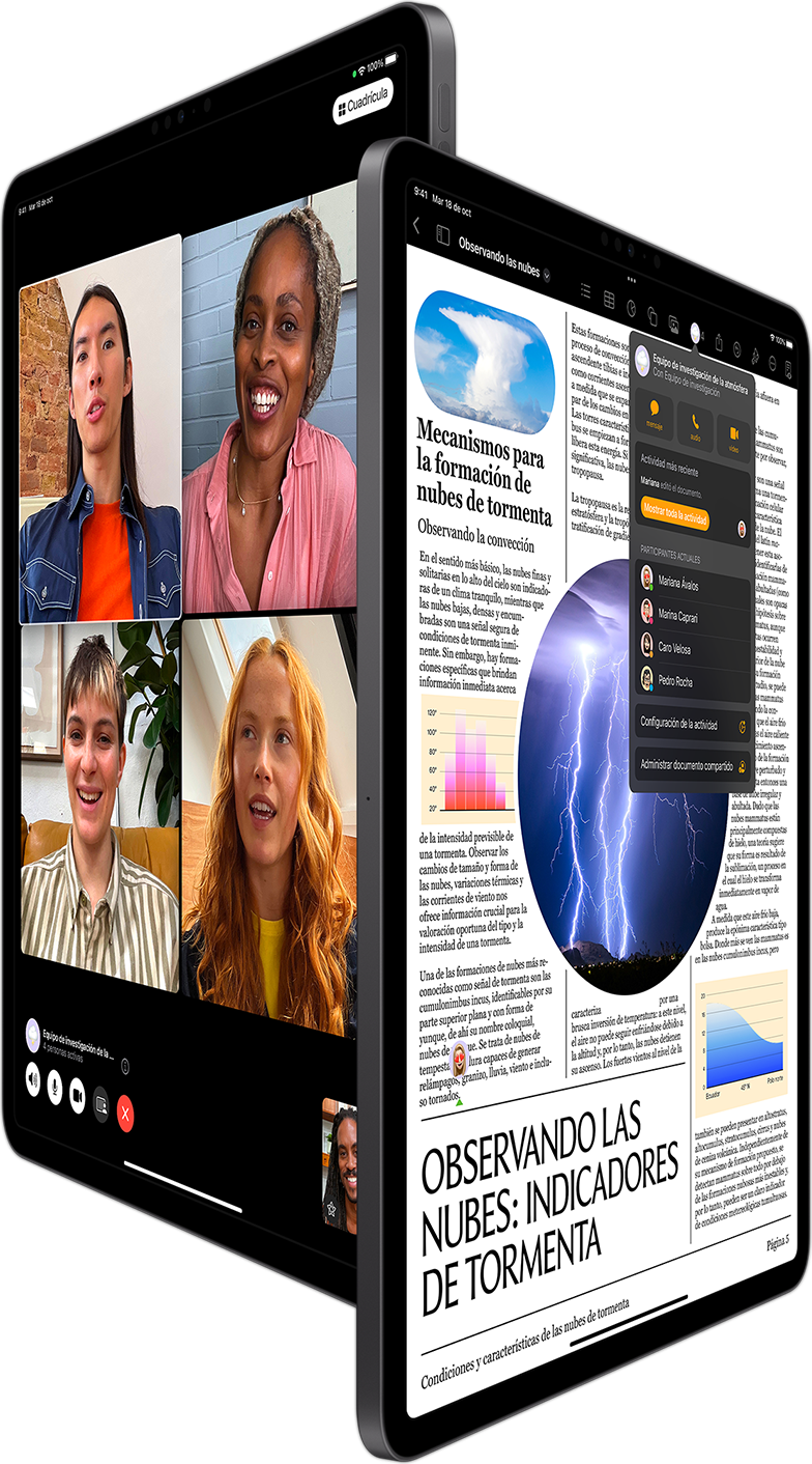 Un iPad Pro muestra una llamada de FaceTime en Grupo y otro, un proyecto de Pages en el que colaboran varias personas.