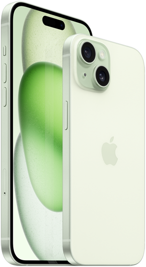 Vista de un iPhone 15 Plus de 6.7&nbsp;pulgadas y un iPhone&nbsp;15 de 6.1 pulgadas al lado para comparar su tamaño.