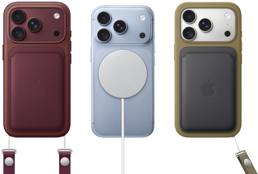 De izquierda a derecha, un iPhone 18 Pro con carcasa de cuero color borgoña y correa de muñeca color borgoña, un iPhone 18 Pro color glaciar con cargador MagSafe blanco conectado y un iPhone 18 Pro color plata con carcasa de cuero verde con correa de muñeca y billetera.