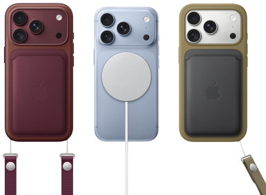 De izquierda a derecha, un iPhone 18 Pro con carcasa de cuero color borgoña y correa de muñeca color borgoña, un iPhone 18 Pro color glaciar con cargador MagSafe blanco conectado y un iPhone 18 Pro color plata con carcasa de cuero verde con correa de muñeca y billetera.