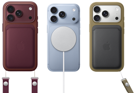 De izquierda a derecha, un iPhone 18 Pro con carcasa de cuero color borgoña y correa de muñeca color borgoña, un iPhone 18 Pro color glaciar con cargador MagSafe blanco conectado y un iPhone 18 Pro color plata con carcasa de cuero verde con correa de muñeca y billetera.