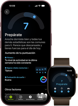 iPhone 18 Pro, color negro, parte frontal, mostrando un puntaje de Disposición de 7, enlazado con un Apple Watch, de frente, café, mostrando el mismo puntaje de Disposición de 7