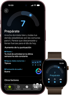iPhone 18 Pro, color negro, parte frontal, mostrando un puntaje de Disposición de 7, enlazado con un Apple Watch, de frente, café, mostrando el mismo puntaje de Disposición de 7