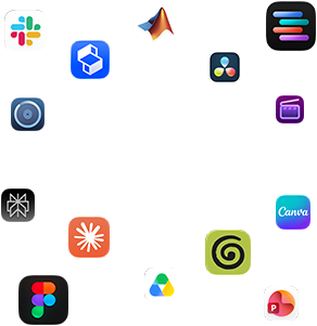 Varios íconos de apps rodean un texto que dice: macOS pone a volar las apps