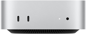 Mac mini, parte frontal, dos puertos Thunderbolt, luz indicadora de estado y entrada para audífonos, base cónica negra en la parte inferior, superficie plana en la parte superior, lados redondeados, bordes rectos, color plata