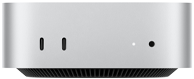 Mac mini, parte frontal, dos puertos Thunderbolt, luz indicadora de estado y entrada para audífonos, base cónica negra en la parte inferior, superficie plana en la parte superior, lados redondeados, bordes rectos, color plata