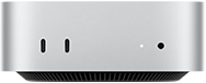 Mac mini, parte frontal, dos puertos Thunderbolt, luz indicadora de estado y entrada para audífonos, base cónica negra en la parte inferior, superficie plana en la parte superior, lados redondeados, bordes rectos, color plata